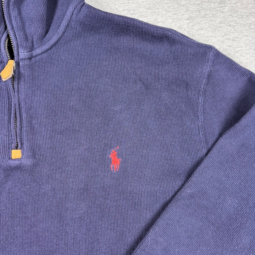Polo Ralph Lauren 1/4 Zip Sweater Large Navy Blue Cotton Ribbed Academia - Picture 2 of 7